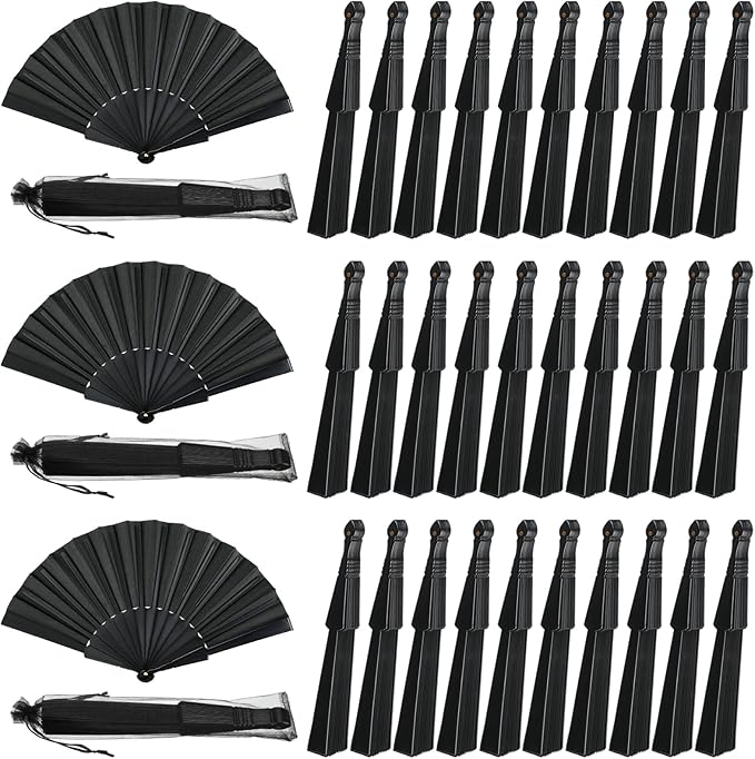 Wenqik 80 Pcs Wedding Folding Hand Fans Bulk Silk Fabric Chinese Handheld Foldable Clack Fans with Plastic Ribs for Party, Wedding Gifts, Line Dancing, Home Decorative (Black)