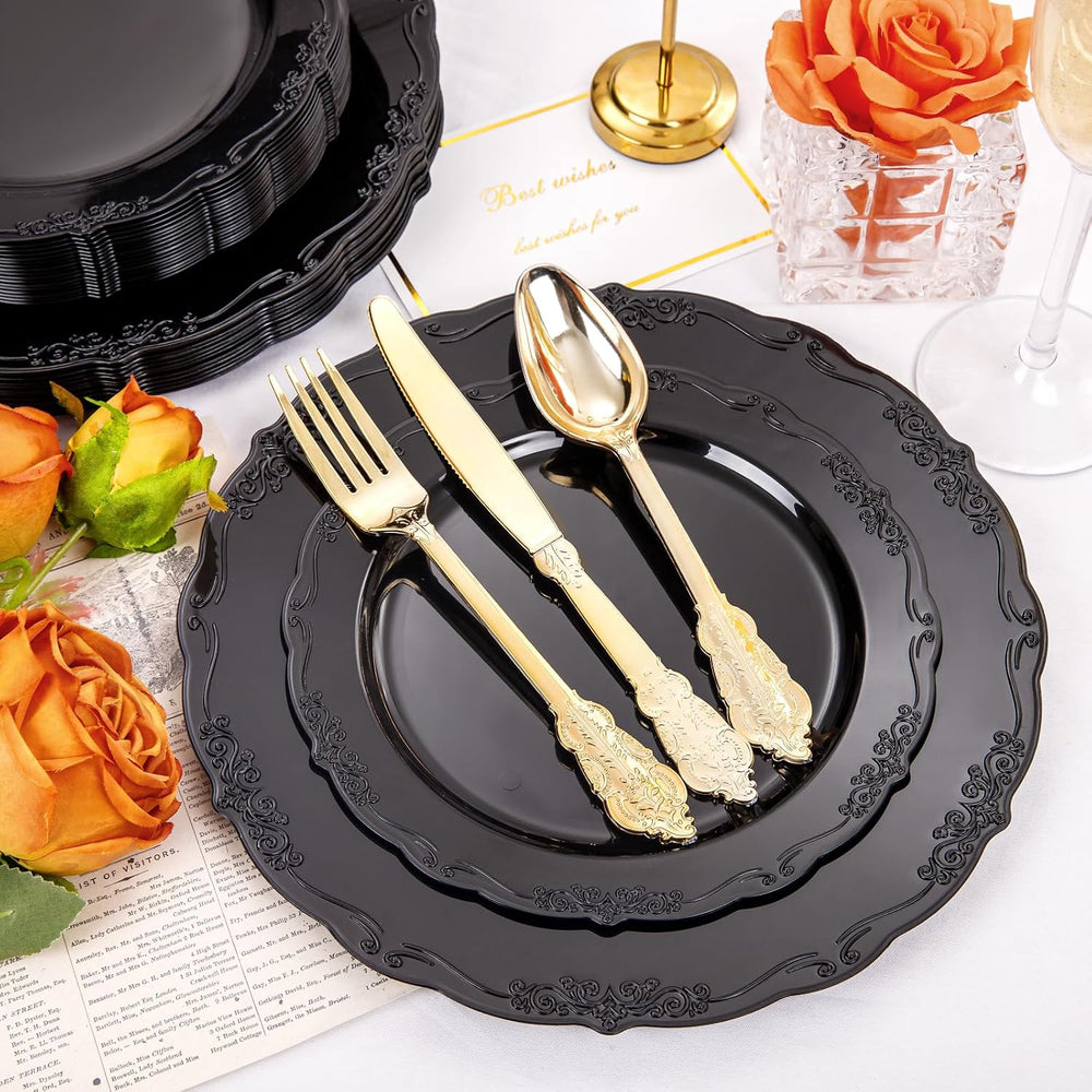 DaYammi 150Pcs Black Plastic Plates & Gold Plastic Silverware Set for Party