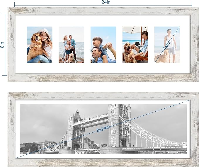 8x24 Picture Frame 2 Pack, Distressed White Wood Frame with Tempered Glass, Display Pictures Multiple Five 4x6 With Mat or 8 x 24 Without Mat - Horizontal or Vertical Wall Mounting