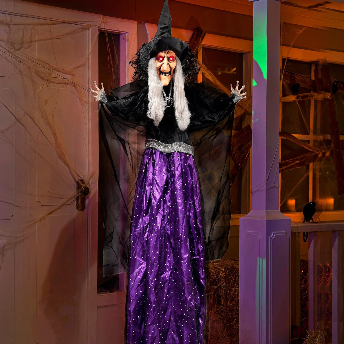 JOYIN 47” Animated Witch Halloween Decorations Outdoor Indoor, Scary Halloween Animatronics Decor, Hanging Ghost Talking Sound Activated Led Lights Eyes Haunted House Yard Garden Lawn