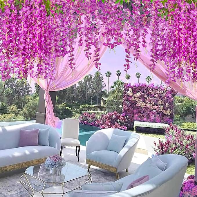 24 Pack Artificial Fake Wisteria Vine Ratta (3.75 Feet) Hanging Garland Silk Flowers String Home Party Wedding Decor(Purple)
