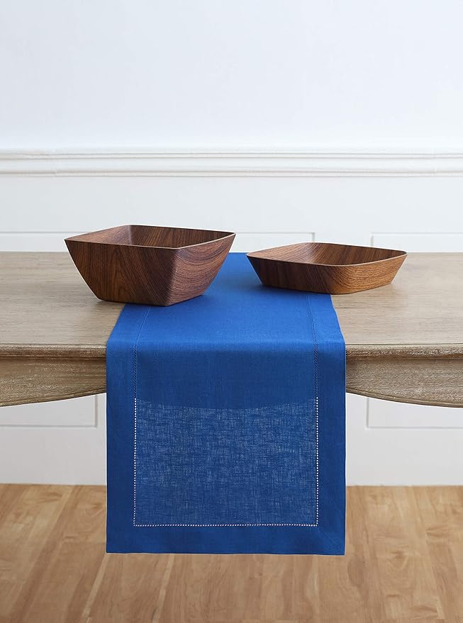 Solino Home Linen Royal Blue Table Runner 156 Inches Long - 100% Pure Linen Extra Long Table Runner 14 x 156 Inch - Classic Hemstitch