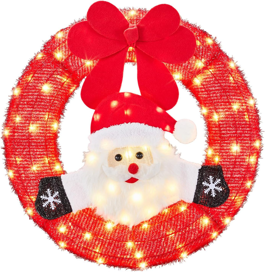 VINGLI 24 Inch Lighted Christmas Wreath with Swinging Figure Santa, Plug-in