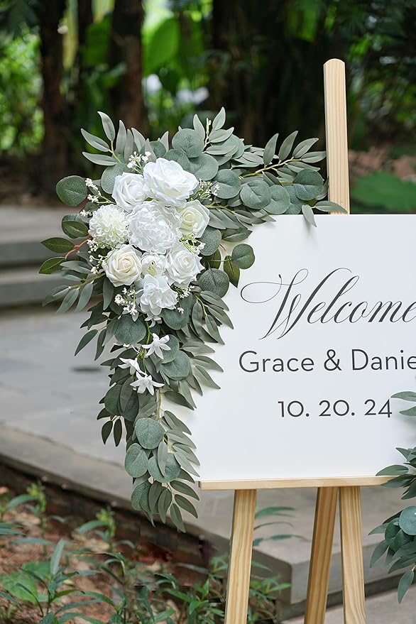 Artificial Flower Swag Set of 2 for Wedding Welcome Signs Floral Decorations, White Wedding Arch Flowers for Wedding Ceremony