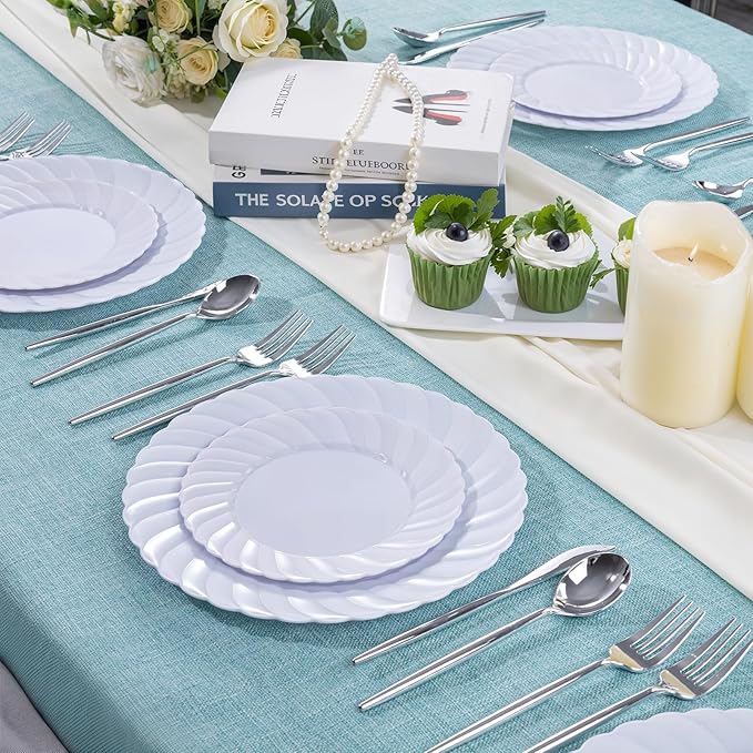 U-QE 60 Pcs White Plastic Plates for Party – Scalloped Plastic Plates Heavy Duty & Elegant – Include 30 10.25" Dinner & 30 7.25" Dessert Plate - Perfect for Weddings, Bridal Showers and Parties