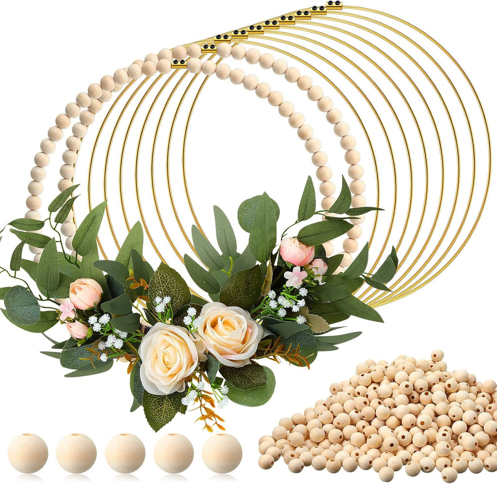 Huquary 10 Sets Wood Bead Wreath 12 Inch, Metal 800 Beads Hoops Crafts