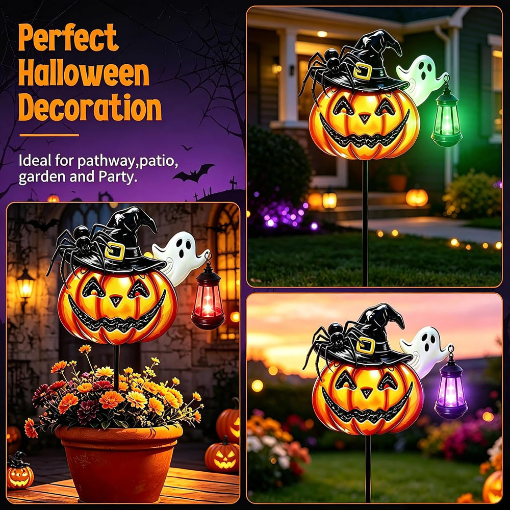 Halloween Decorations Outdoor Metal Solar Pumpkin Lights with Solar Lantern