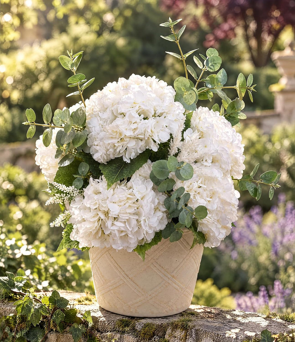 5Pcs White Faux Hydrangeas Artificial Flowers with Stems & Leaves