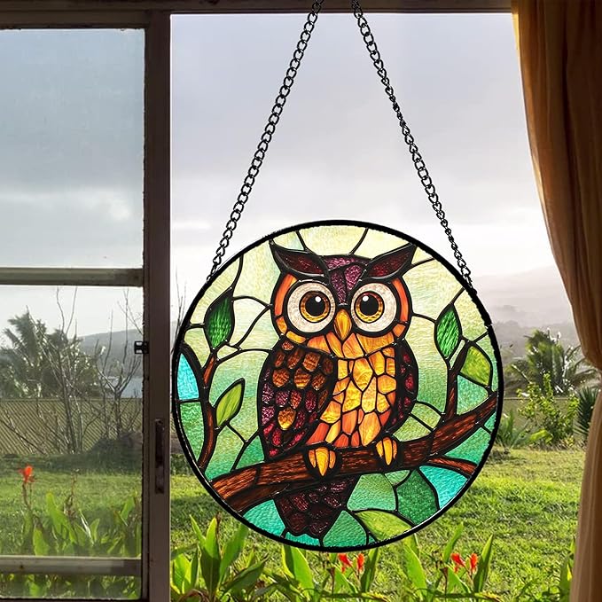 Stained Glass Window Hanging - Owl on a Branch Suncatcher for Doors Window Home Orange Brown Sun Catchers Decor Christmas Mother's Day Birthday Gifts for Teacher Women Men Mom Nana 9.8 in