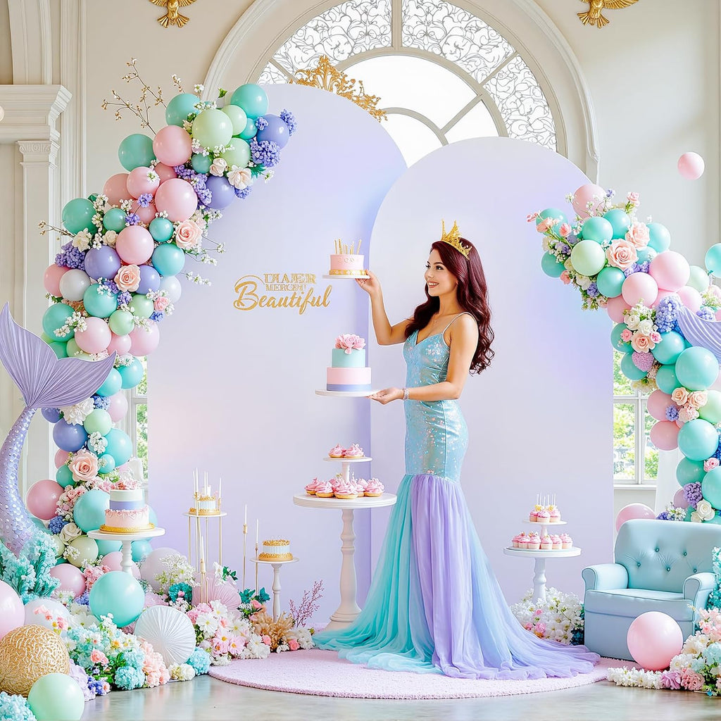 silver and white arch backdrop cover for wedding showing dimensions