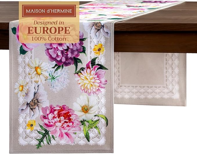 Maison d' Hermine Table Runner 100% Cotton Double Layer Table Runners 72 inches Long Decorative for Home Kitchen Dining Party Baby Shower Wedding Bridal Shower Spring Summer (Pivoine, 14.50" x 72")