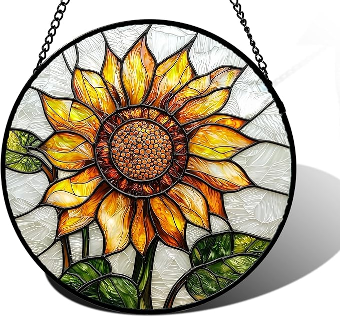 Stained Glass Window Hanging - Sunflower Flower Suncatcher Ready to Hang Window Doors Home Decoration and Christmas, Mother's Day Birthday Gifts for Women, Men, and Mom 11.8x11.8 in