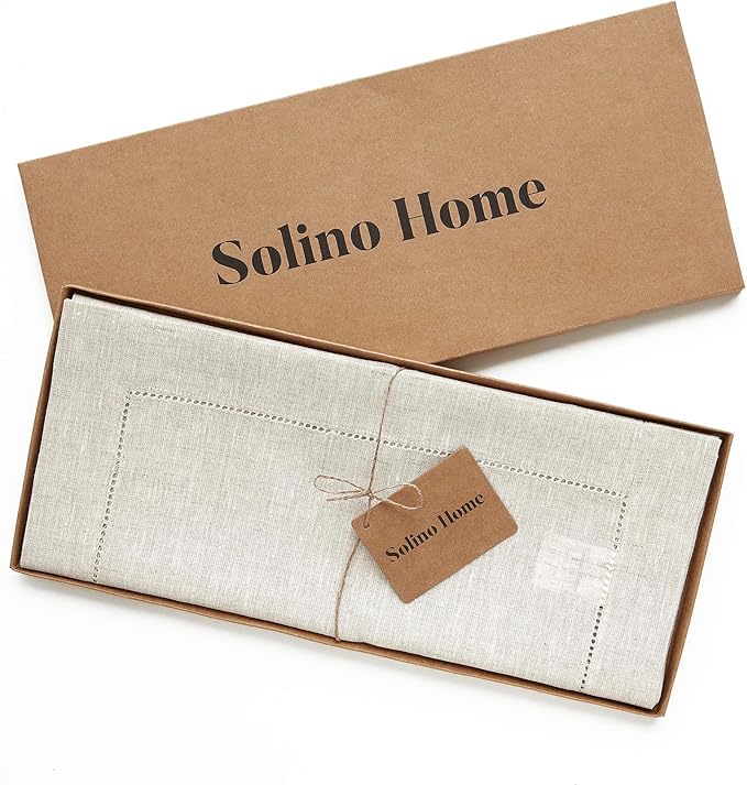 Solino Home Linen Hemstitch Table Runner 120 Inches Long - 100% Pure Linen Light Natural Table Runner 14 x 120 Inch for Fall, Autumn, Thanksgiving - Classic Hemstitch