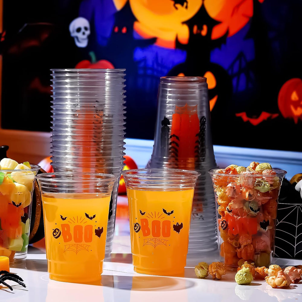 100 Pcs Halloween Plastic Cups Bulk 16 oz Disposable Clear Boo
