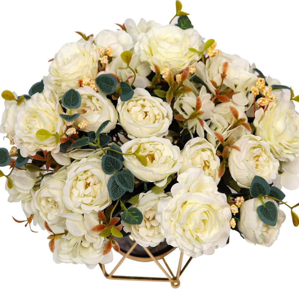 Faux Flowers with Vase, Silk Peony Bouquet Artificial Flowers in Vase, Fake F...