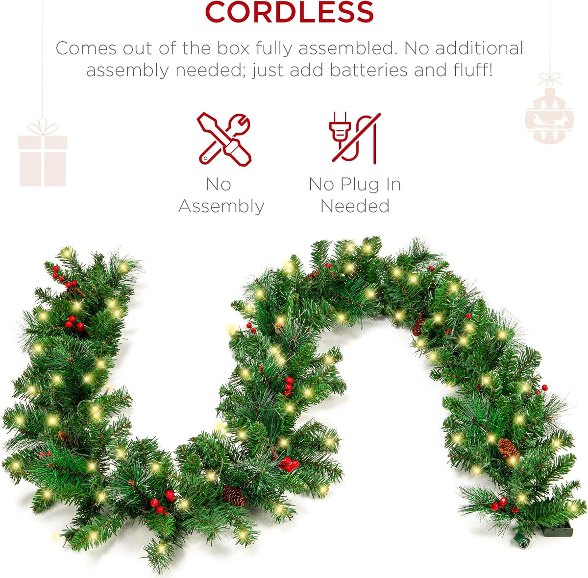 Best Choice Products 9ft Pre-Lit Holiday Pre-Decorated Christmas Garland for Stairs, Fireplace, Decoration w/PVC Tips, 50 Lights, Pine Cones, Berries - Unflocked