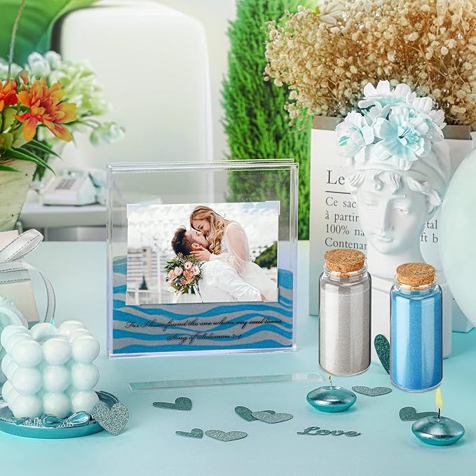 Sand Ceremony Kit for Wedding Includes Clear Acrylic Unity Sand Ceremony Photo Frame 2 Pack Photo Fixing Corner Stickers and 2 Glass Unity Holder for Wedding Home Decor(Blue, Gray)