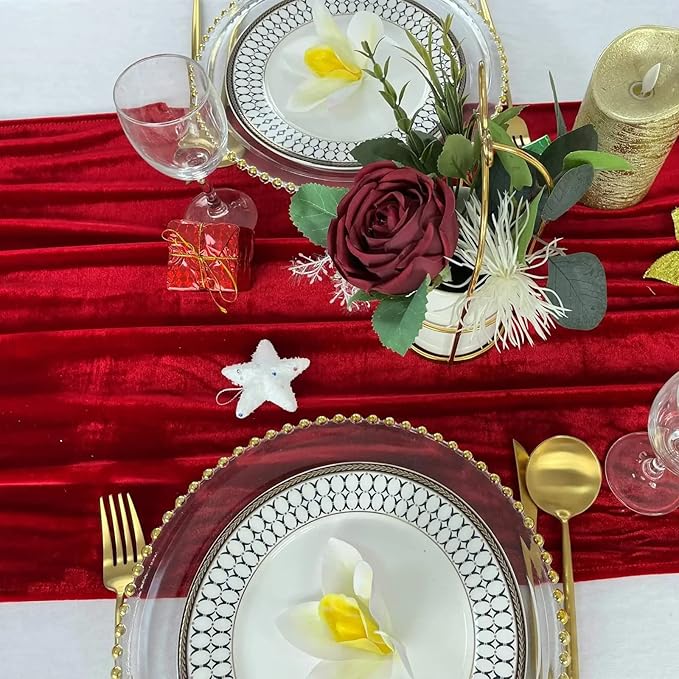 Luxurious Velvet Table Runner, 10ft Wedding Reception Decorations, 20x120inch Soft Velvet Fabric, Table Linen Overlay, Wedding Table Runners (Red, 20X120inch, 2pack)