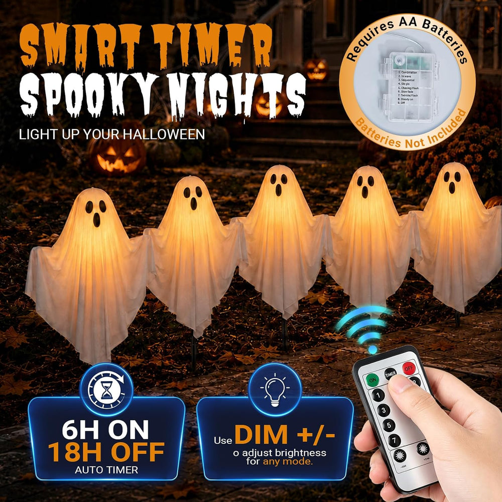 5 Pack Halloween Lighted Ghost Stake Pathway Lights Decorations for Outdoor