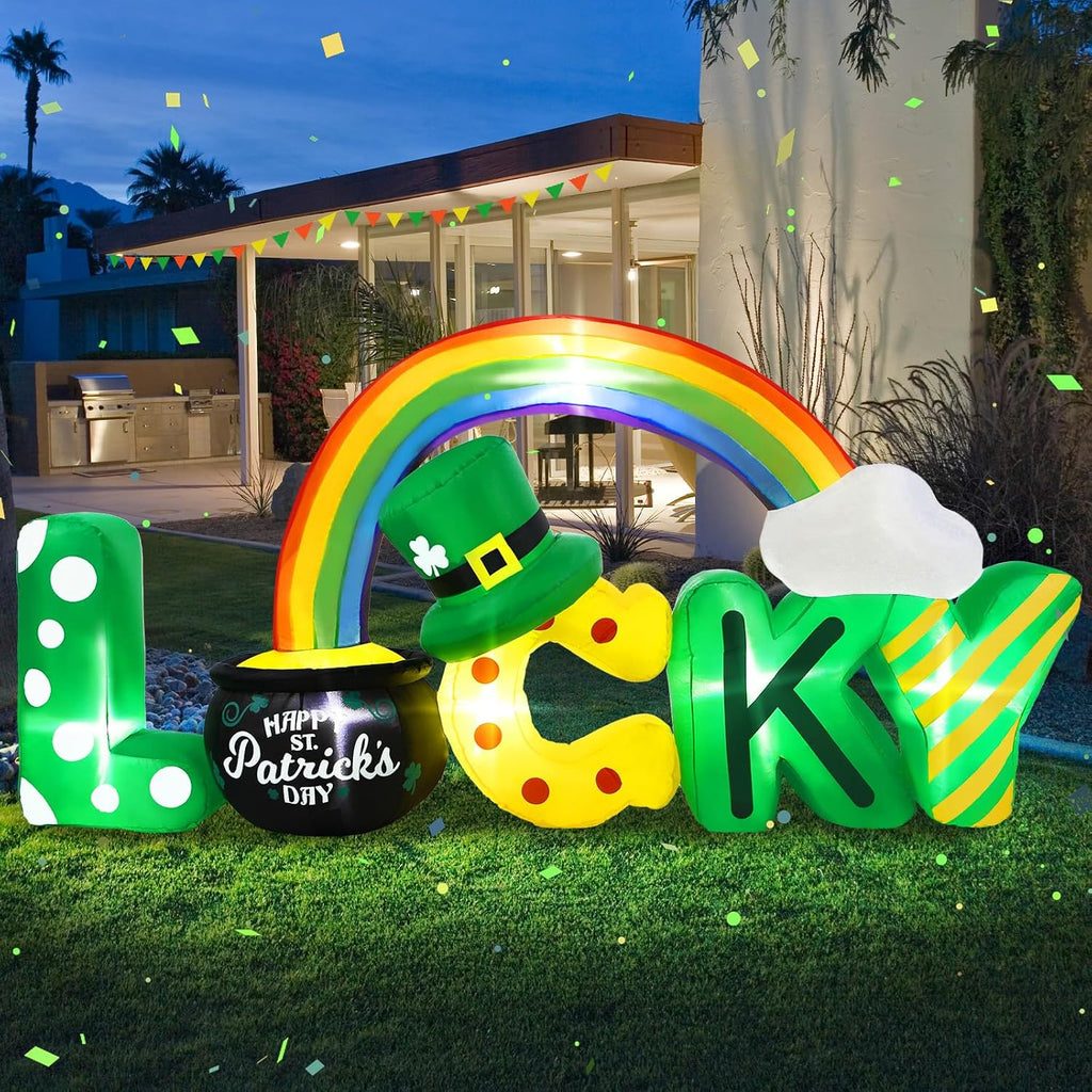 7FT Long St. Patrick's Day Inflatables Outdoor Decoration, Blow up Lucky Letters Yard Decor with Shamrocks Gold Pot & Rainbow, Built-in LED Lights St Patricks Holiday Decorations for Outside Garden