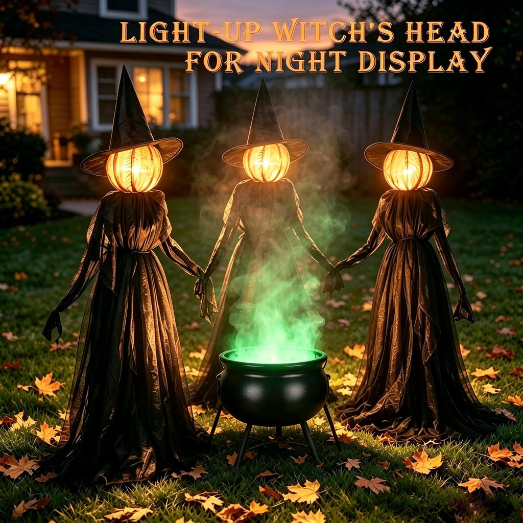 NEROSUN Halloween Witches Decorations Outdoor, 5 FT Set of 3 Light Up Holding Hands Witches with Stakes and Timer Function, Glowing Face Witch Decorations for Yard Garden Lawn Haunted House