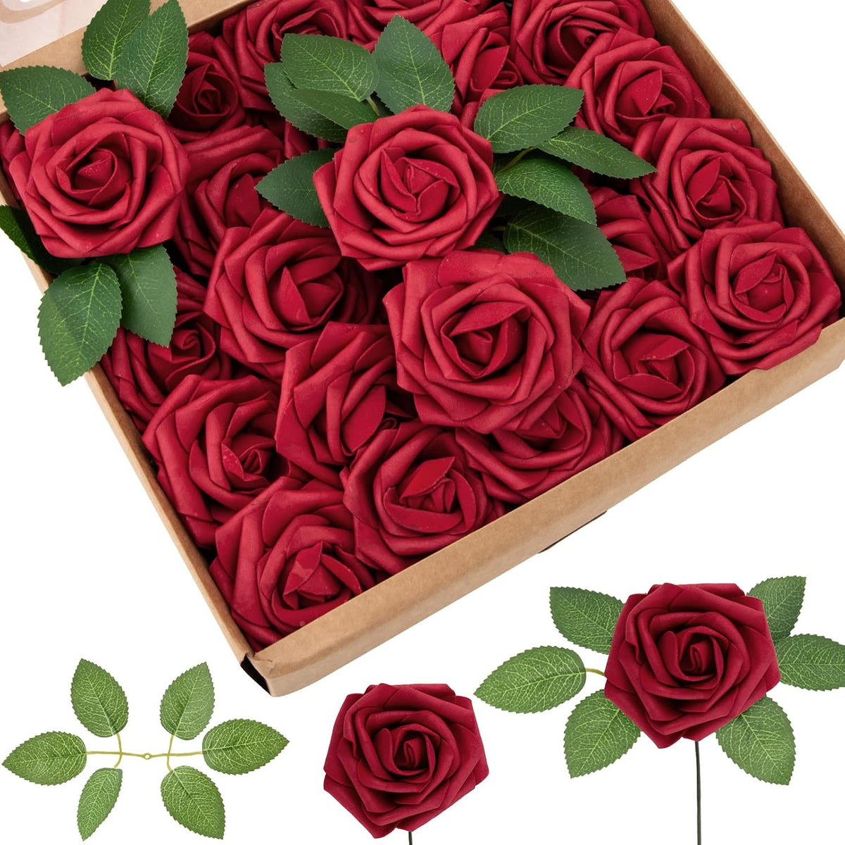 Cliselda 100Pcs Red Fake Roses Artificial Flowers Foam Rose Bulk with Stems