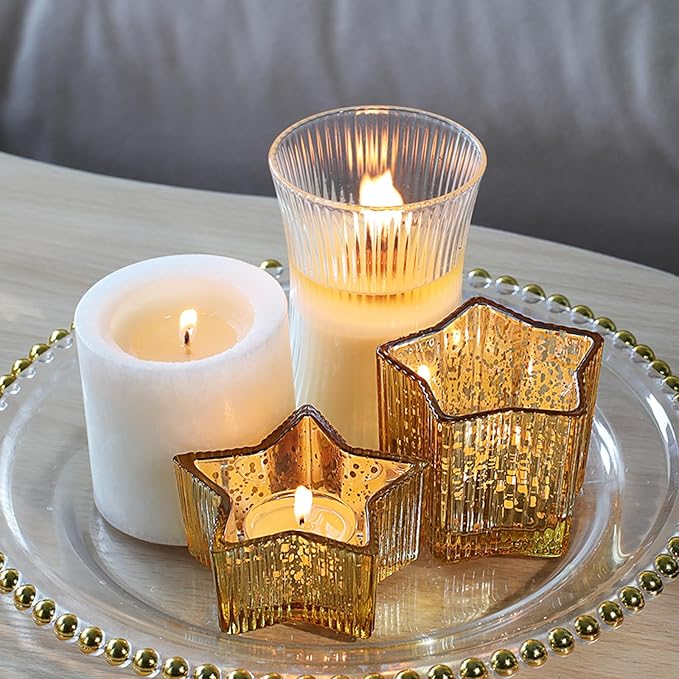 Letine 10pcs Gold Ribbed Candle Cups – Assorted Height Tea Light & Votive Candle Holders for Diwali, Wedding, Table Centerpiece, Fall & Holiday Decor – Lucky Star Jar (Tall 2.44", Short 1.57")
