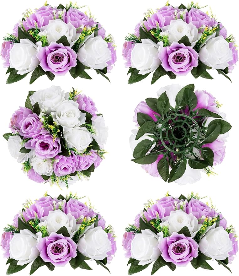 BLOSMON Purple Flowers Ball for Centerpieces: 6 Pcs Fake Lilac White Roses Flowers for Wedding Dinning Table - Faux Silk Kissing Bouquet with Base Floral Arrangement for Home Party Event Decor