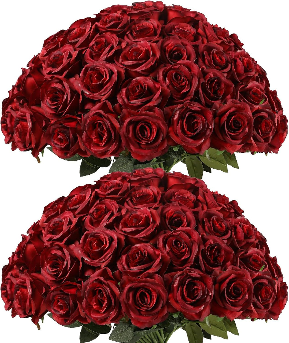 Kisflower 60 Pcs Burgundy Roses Artificial Flowers Bulk, Maroon Flowers Artif...