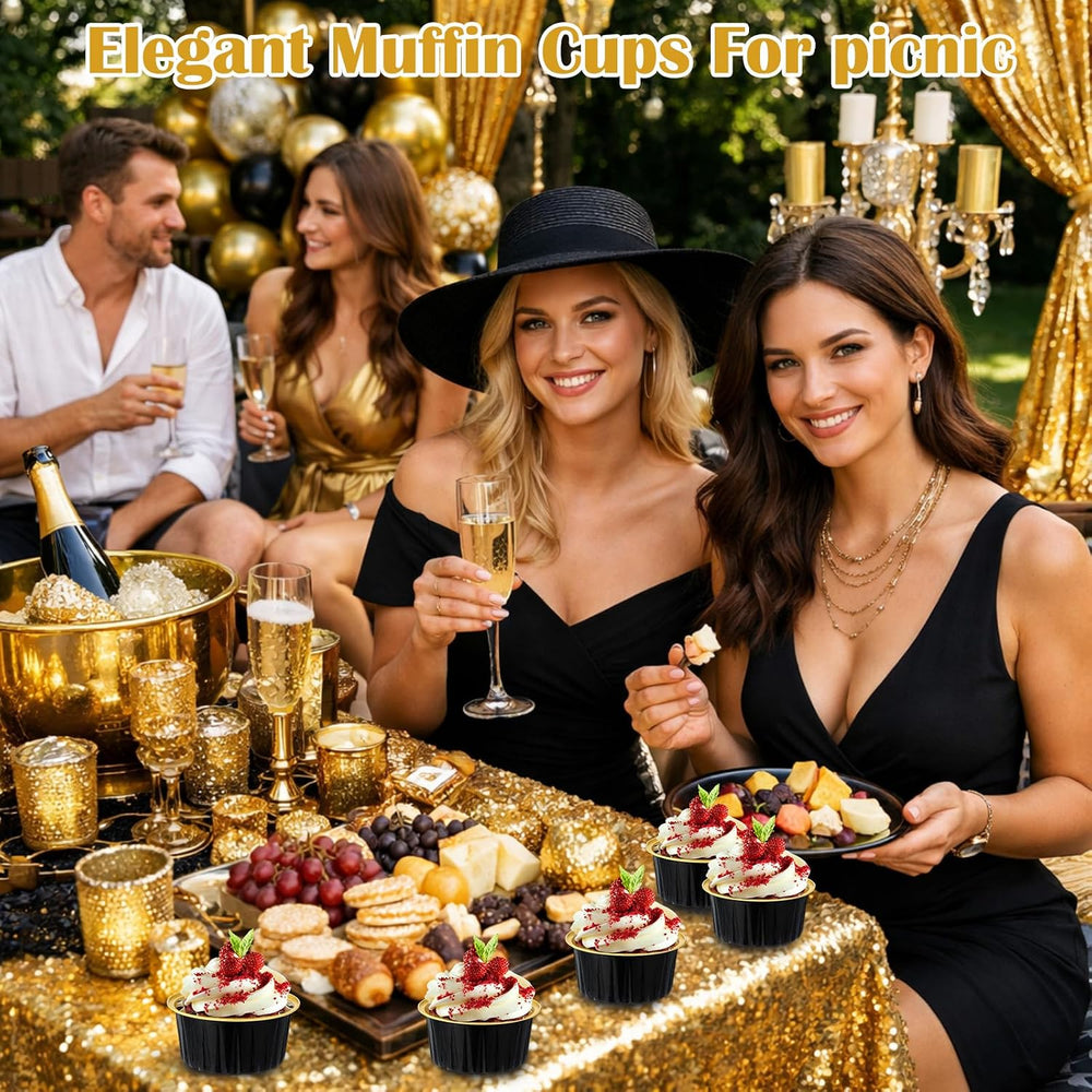 Gejoy 600 Pcs Aluminum Foil Baking Cups with Lids, Classic, Black and Gold