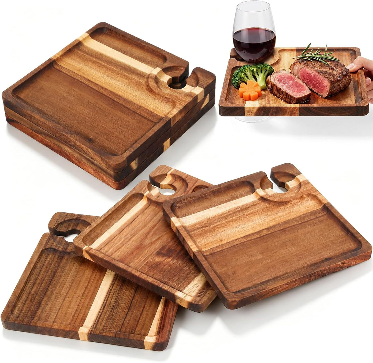 SiliFine 6 Pcs Wine Appetizer Plates with Wine Glass Holder, Square