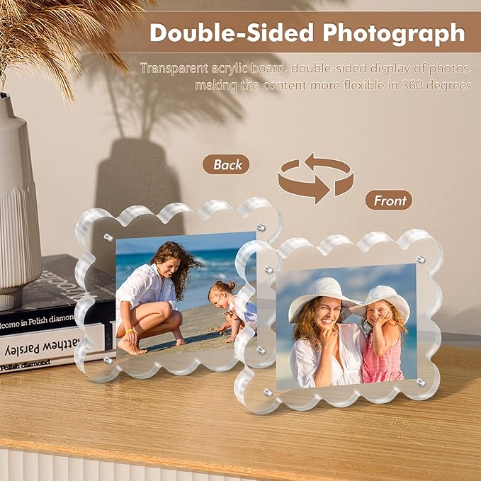 Acrylic Photo Frame 2×3inch - 3Pack Magnetic Picture Frames with 10+10mm Thick Block, Scalloped Edge Design, Double-Sided Magnet Frames for Modern Desktop Display (Clear, 2x3)