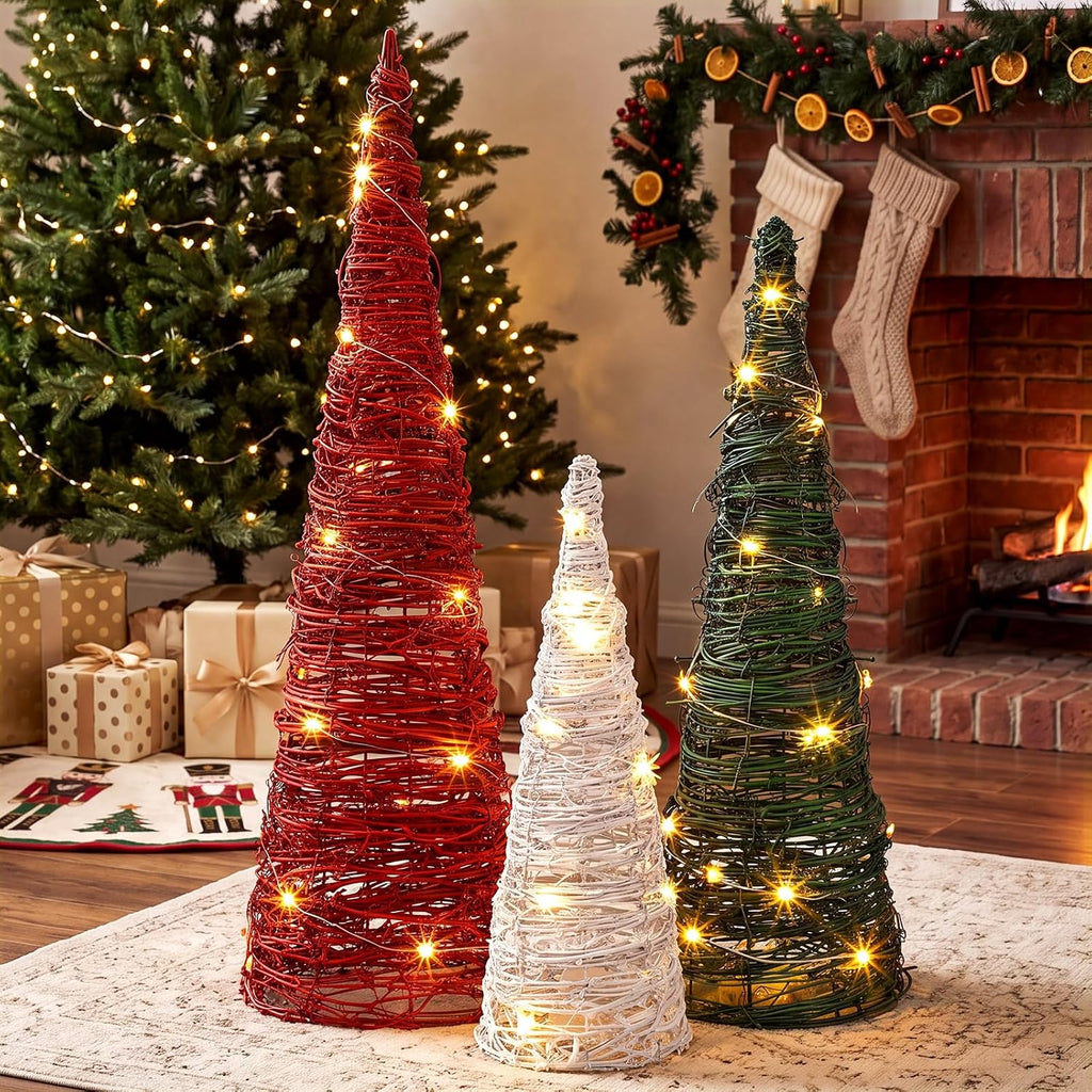 Jenaai 3 Pcs Lighted Christmas Rattan Table Tree Centerpiece, 24/16/12 in