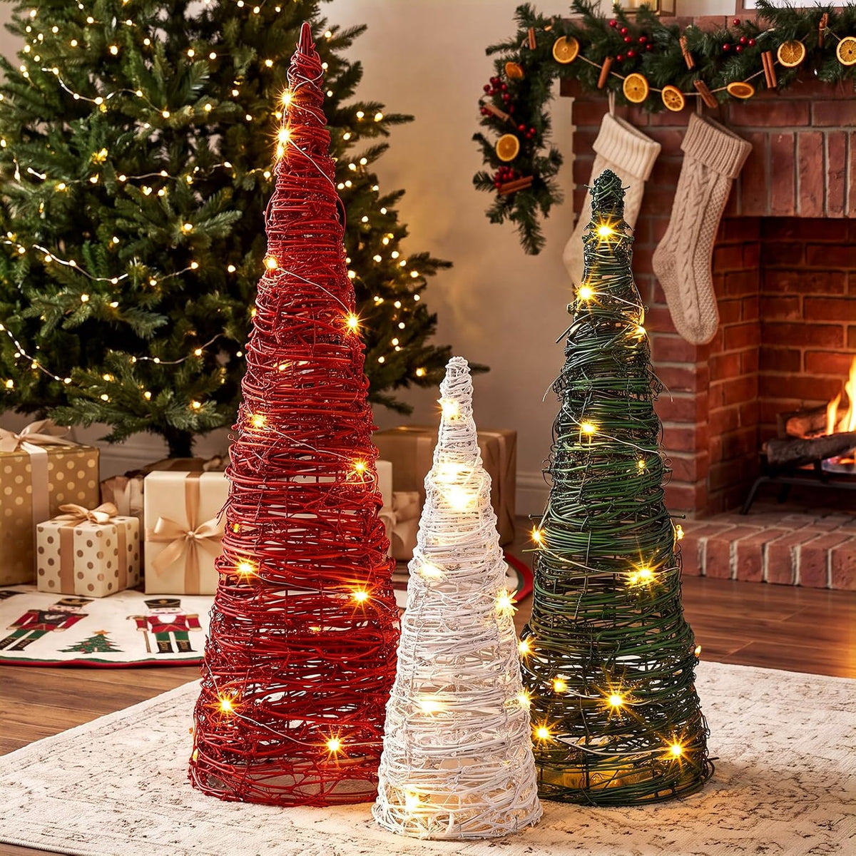 Jenaai 3 Pcs Lighted Christmas Rattan Table Tree Centerpiece, 24/16/12 in