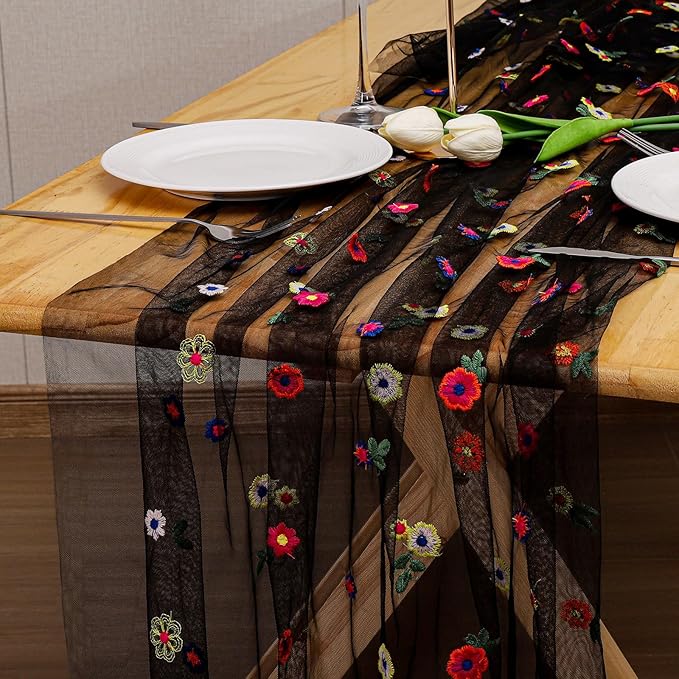 BINBE 12pcs Daisy Fall Table Runner Embroidery Gauze 10FT Florals Seasonal Tulle Holiday Birthday Kitchen Dining Table Decor for Home Party Black