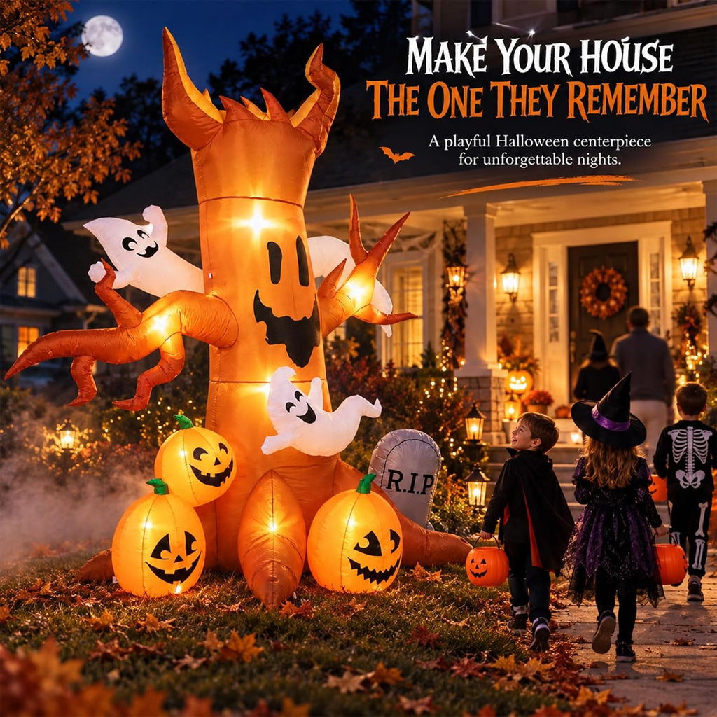 8ft halloween inflatable ghost tree decoration with pumpkins, side view
