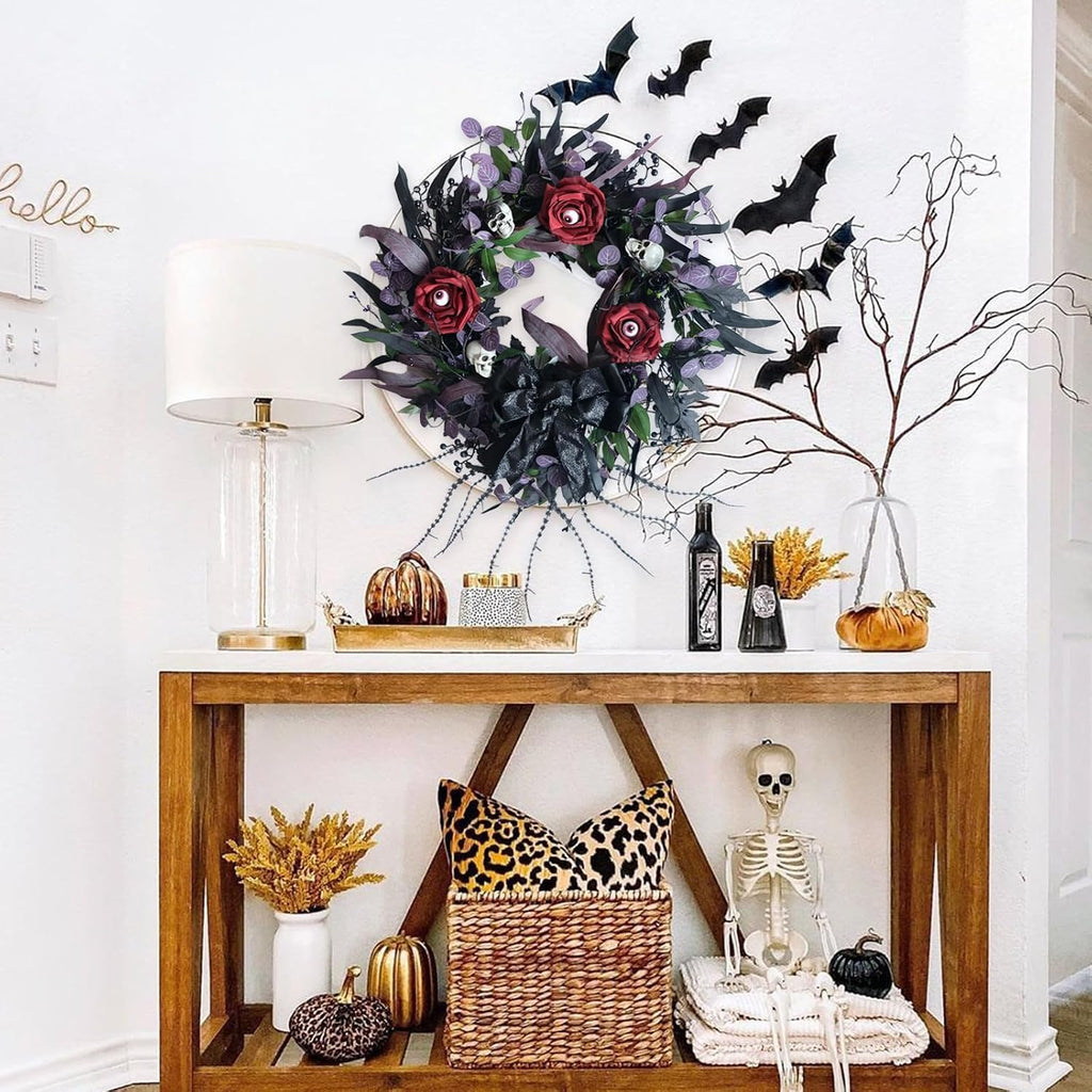 22 inch halloween wreath with black roses skeleton showing dimensions
