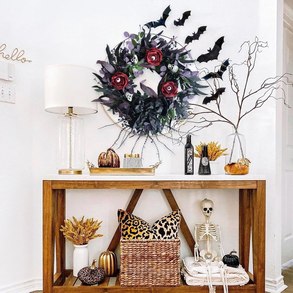 22 inch halloween wreath with black roses skeleton showing dimensions