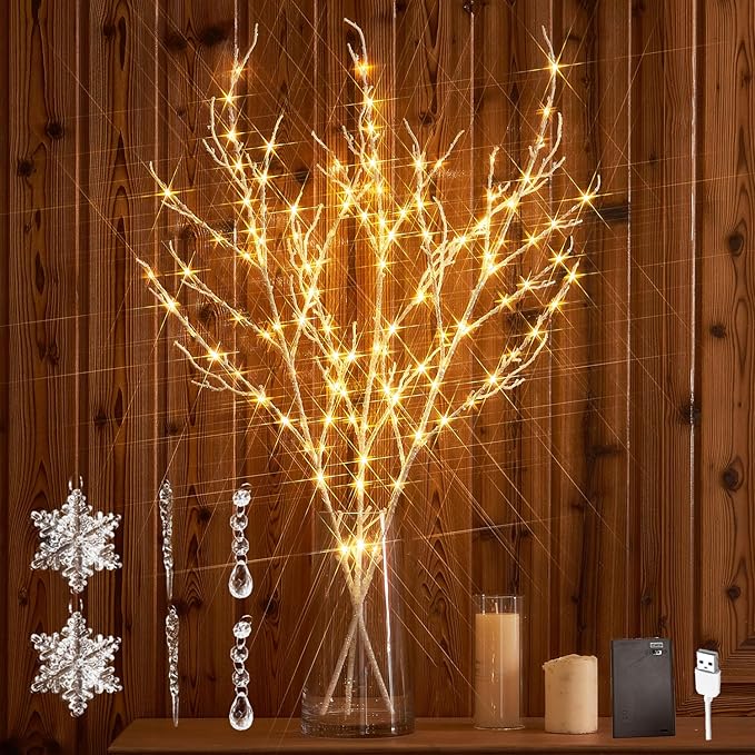 Hairui Lighted Branches with Iredescent Glitter 120 Fairy Lights USB Plug in and Battery Operated with Timer, White Twig Branches with Lights 32IN for Home Christmas Decorations Inside