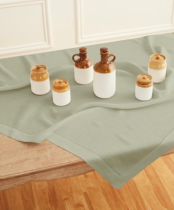 Solino Home Sage Green Linen Tablecloth 52 x 52 Inch - 100% Pure Linen Square Table Throw - Classic Hemstitch, Machine Washable Table Cloth for Fall, Autumn, Thanksgiving, Christmas