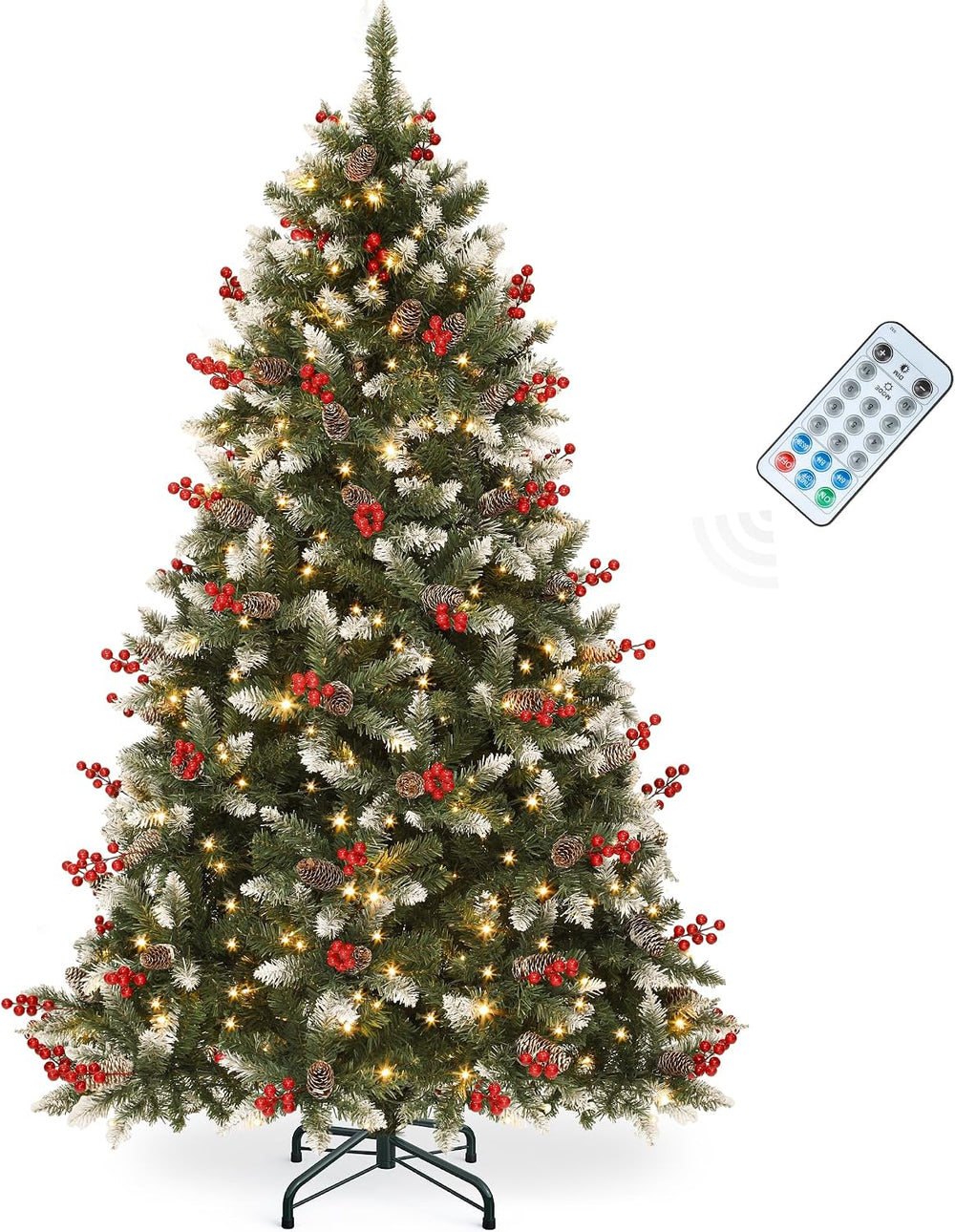 YITAHOME 7.5ft Prelit Decorated Pine Christmas Tree w/Red Berries & Remote
