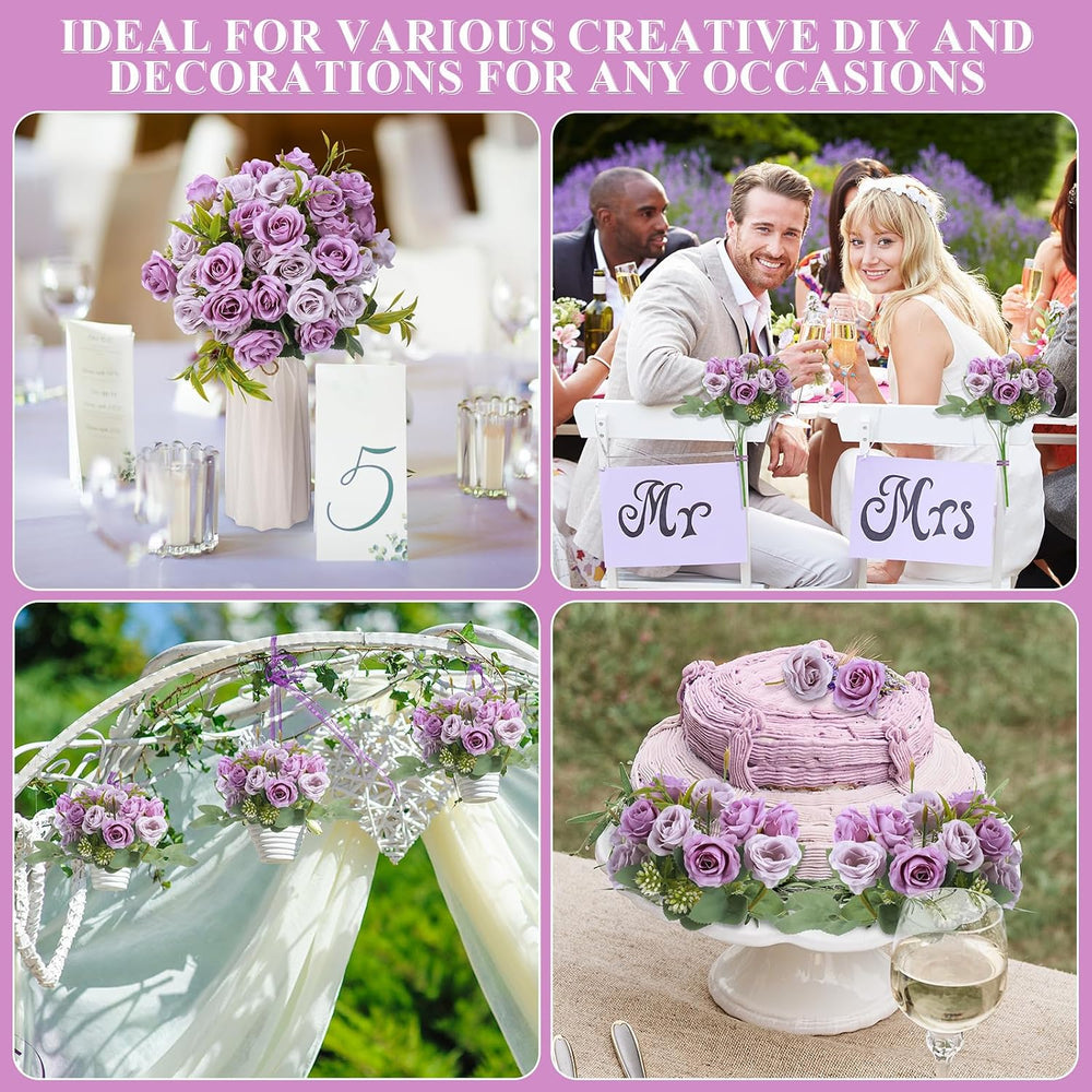 16 Bunches Artificial Rose Bouquet, Purple and Light Purple