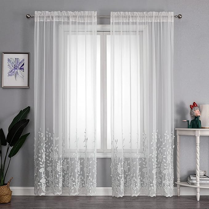 VISIONTEX White Sheer Voile Curtains, Decorative White Embossed Leaves Rod Pocket Window Drapes for Home Kitchen, Living Room and Bedroom 54 x 84 Inch, Set of 2 Curtain Panels