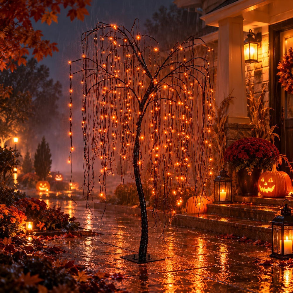 7 FT Halloween Lighted Willow Tree 256 LED Orange Lights Artificial Weeping W...