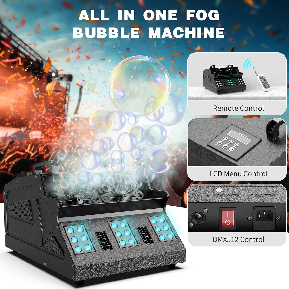 2000w fog machine, 3 in 1 fog bubble, side view