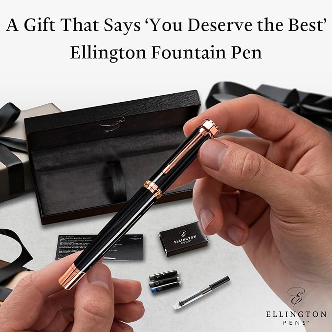 Ellington Pens Luxury Fountain Pen Set- Fountain Pens for Writing - Smooth Fine Nib - Includes Refillable Ink Converter, 3 Ink Cartridges [Black & Blue], Gift Box - Elegant Calligraphy