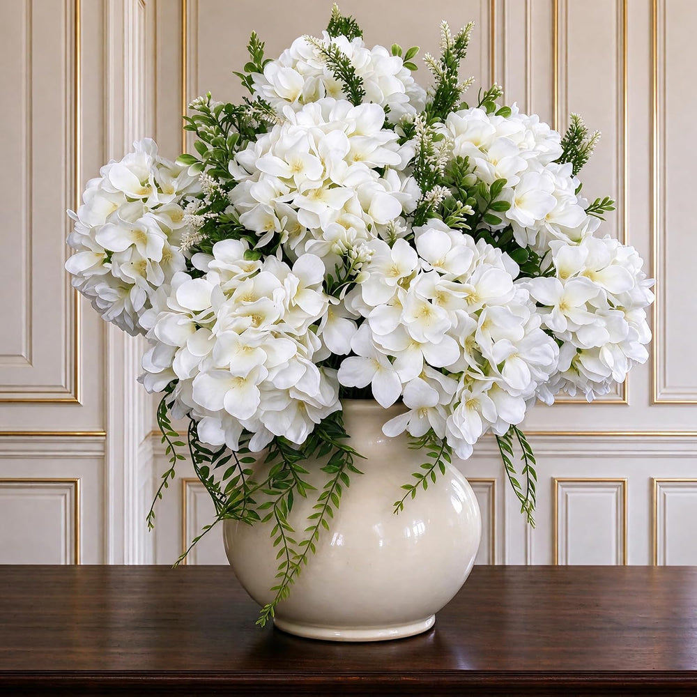 Pre-Arranged White Hydrangea Artificial Flowers with Greenery, UV Resistant
