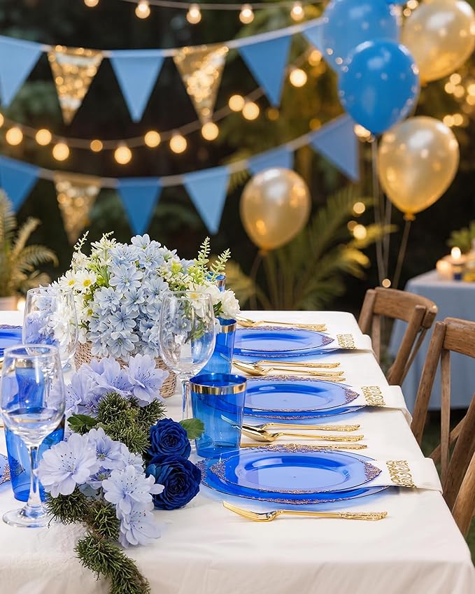 Nervure 350PCS Blue Plastic Plates - Blue Plastic Dinnerware Sets for 50 Guests - 100 Disposable Plates, 150 Gold Silverware, 50 Cups, 50 Napkins for Wedding & Party & Thanksgiving Day