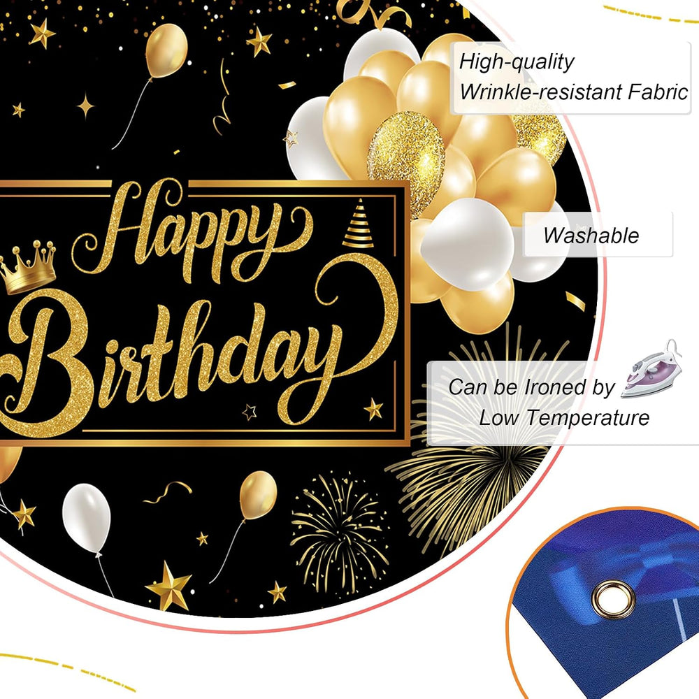 Black and Gold Happy Birthday Party Decoration Backdrop - 10x8ft Golden Ballo...