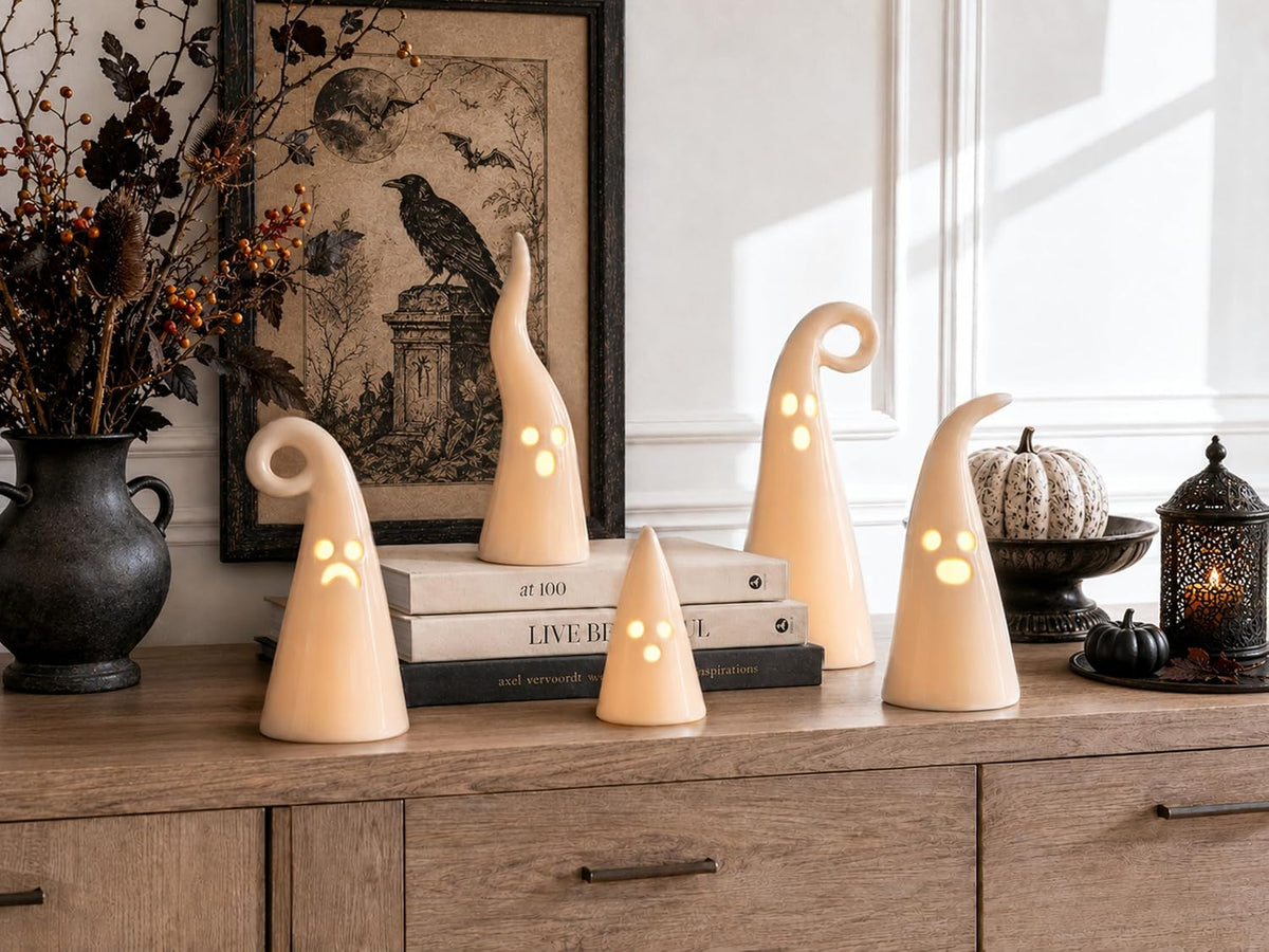 Parsin 5 PCS Ceramic Ghost Light Up Decor, Cute Halloween Decor